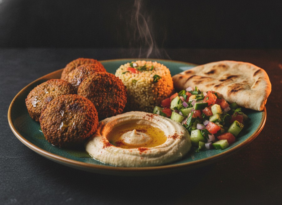 Falafel-Teller mit Hummus, Bulgur und Fladenbrot