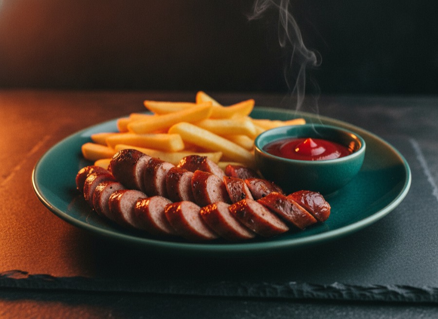 Pommes mit Sosis